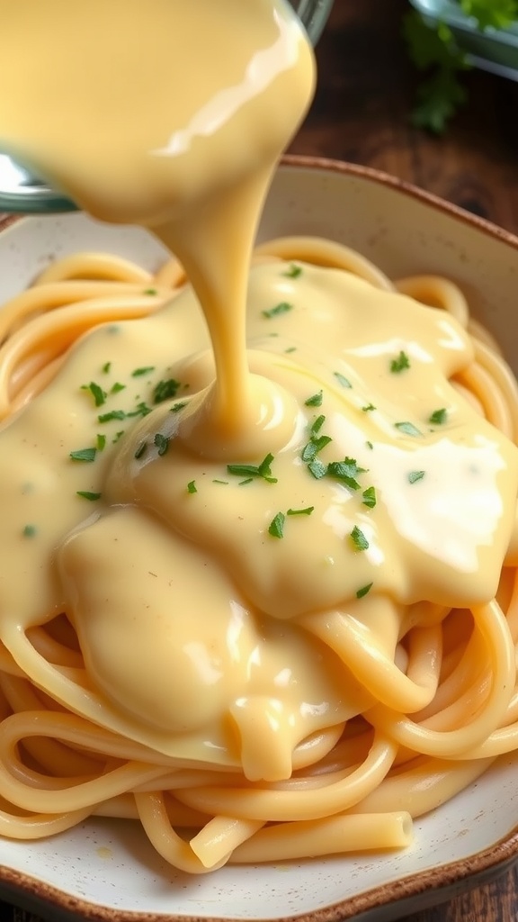 Creamy cheese sauce over pasta with parsley, in a rustic bowl on a wooden table.